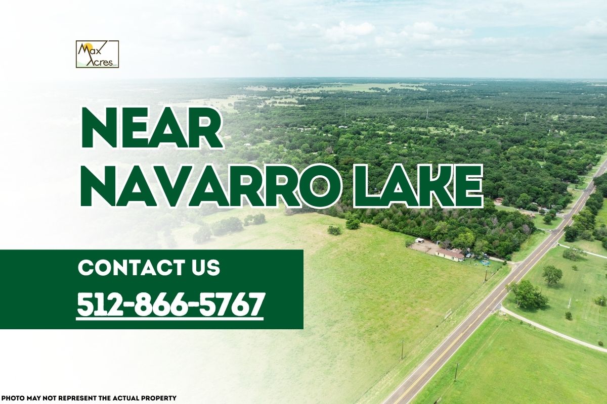 Aerial view of property near Navarro Lake Texas – Max Acres land for sale contact 512-866-5767
