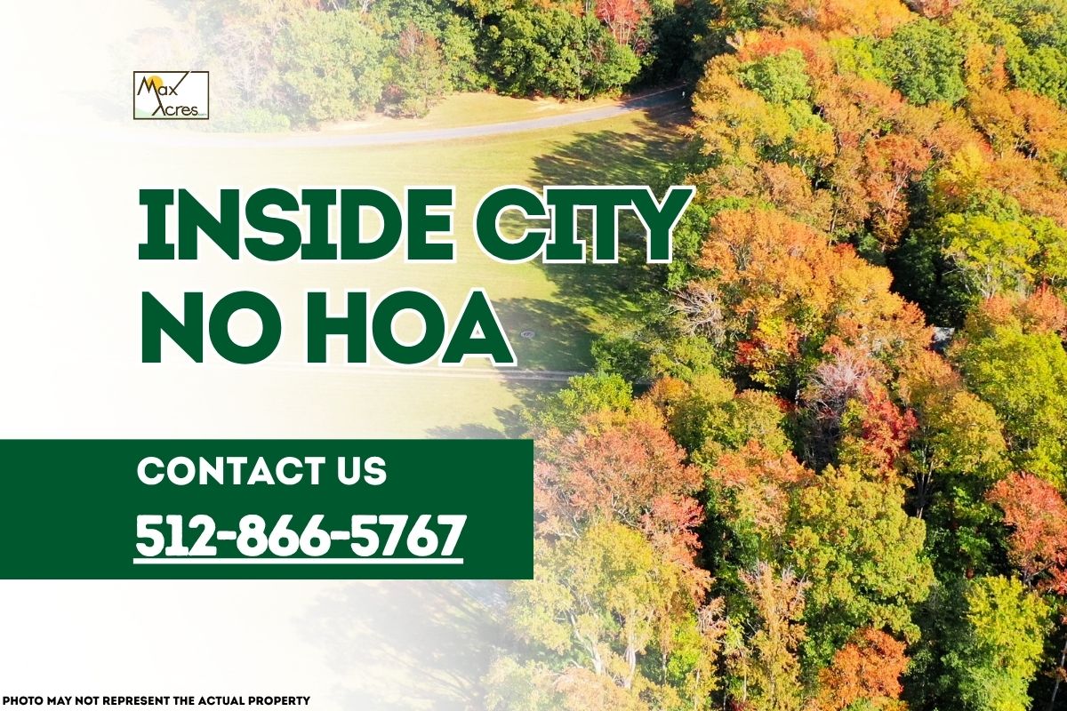 Max Acres banner promoting inside-city land with no HOA, featuring an aerial view of autumn trees and open green field, with contact number 512-866-5767