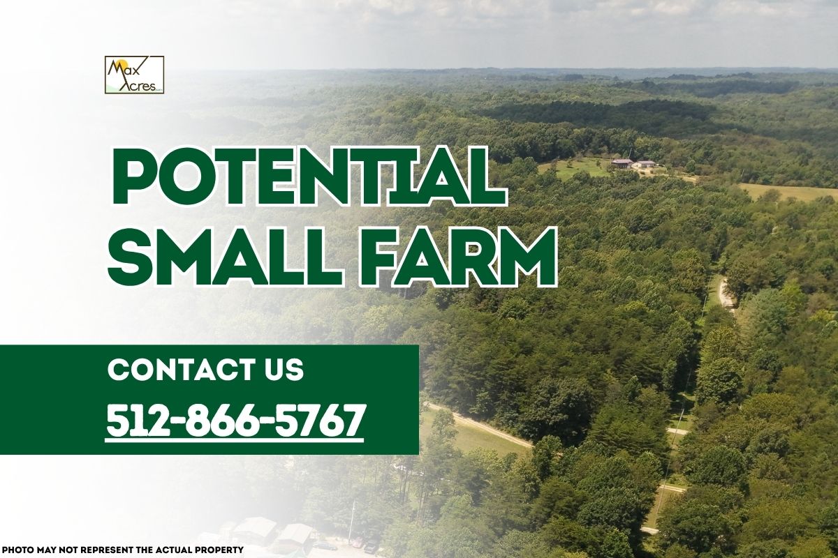 Aerial view of wooded rural land with text overlay reading "Potential Small Farm – Contact 512-866-5767" by Max Acres.